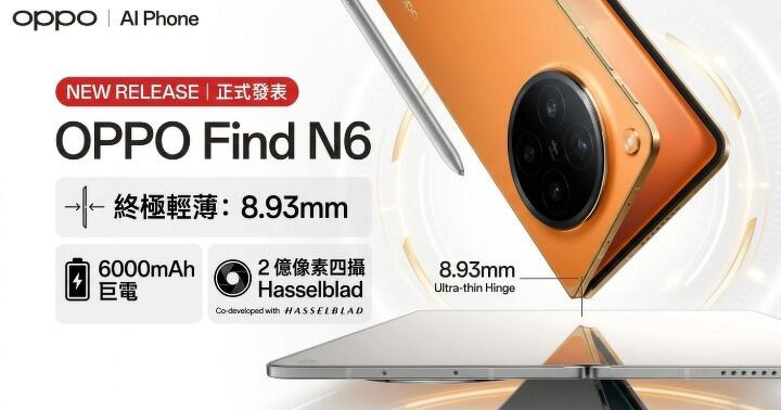 8.93mm 終極輕薄大摺！OPPO Find N6 發表：6000mAh 巨電 + 哈蘇 2 億像素四攝