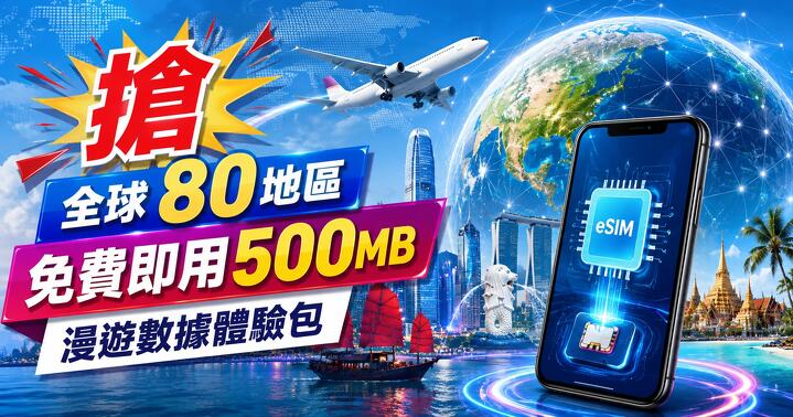 CUniq Go eSIM app promotional banner offering a free 500MB roaming data trial across 80 global regions